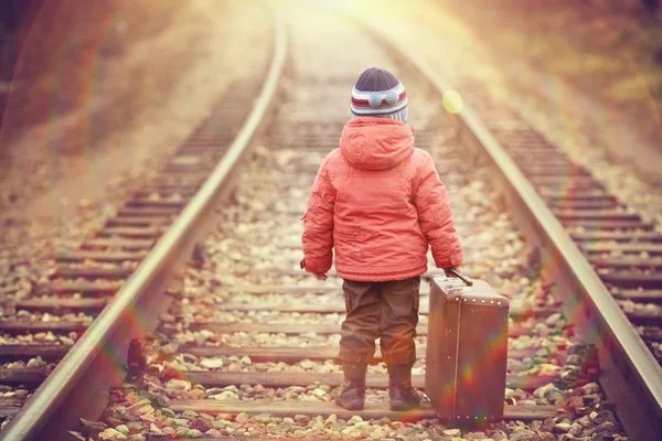 Little traveler with a suitcase on the railroad