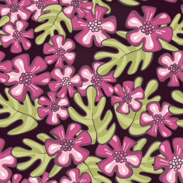 Wild tropical exotic pink flowers and green leaves on purple patterned background floral seamless pattern