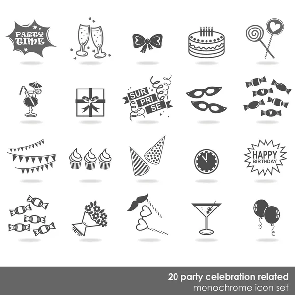 20 party celebration food drink dress decor elements monochrome isolated icon set on white background — Stock Vector #26369427