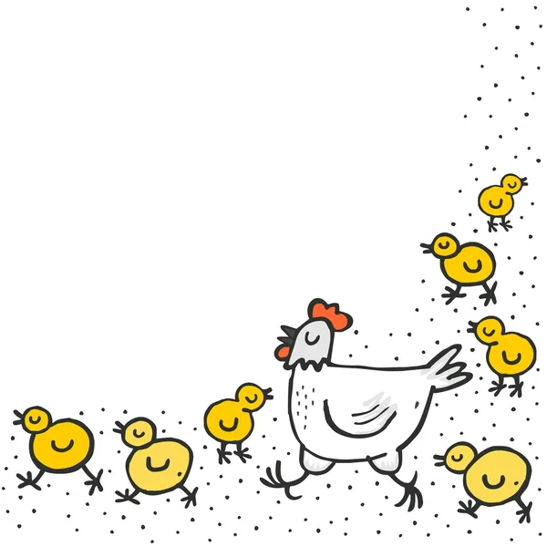 Little yellow chickens with mum white hen spring holiday Easter illustration on white dotted background with blank place for your text