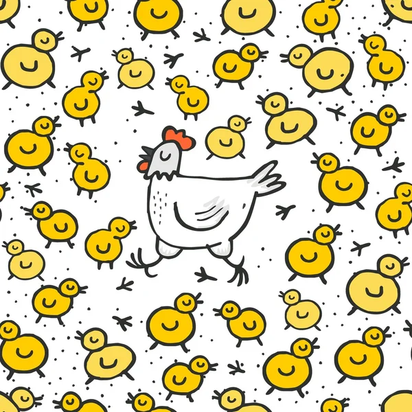 Little yellow chickens with mum white hen spring holiday Easter illustration on white dotted background seamless pattern