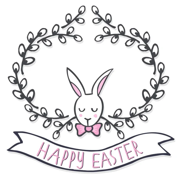 White elegant bunny in willow wreath spring holiday Easter centerpiece illustration with flag banner with wishes in English on white background