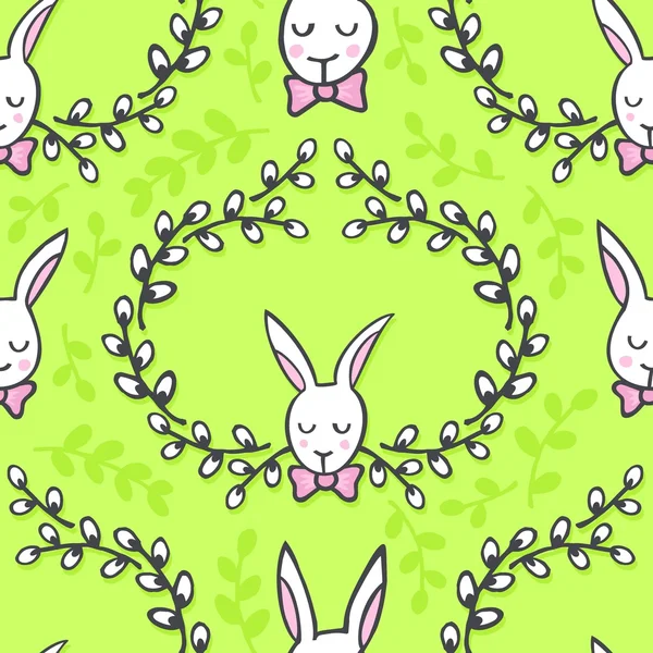 White elegant bunny in willow wreath animal spring holiday Easter seamless pattern on light green background