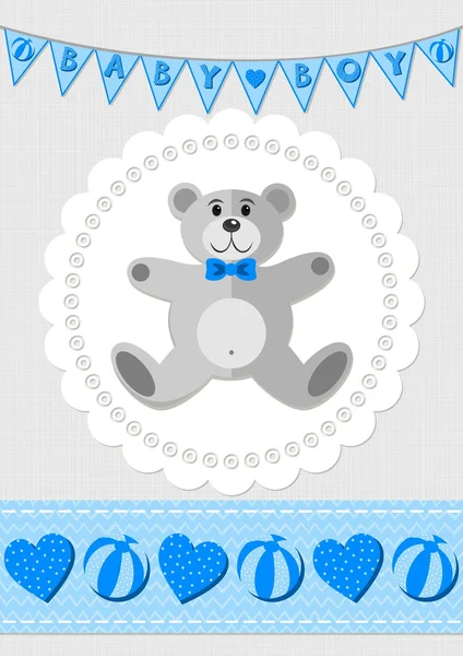Toy animal elegant teddy bear on white doily with flag banner and seamless ribbon blue baby boy room decorative illustration