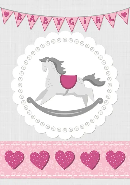 Toy animal rocking horse on white doily with flag banner and seamless ribbon pink baby girl room decorative illustration