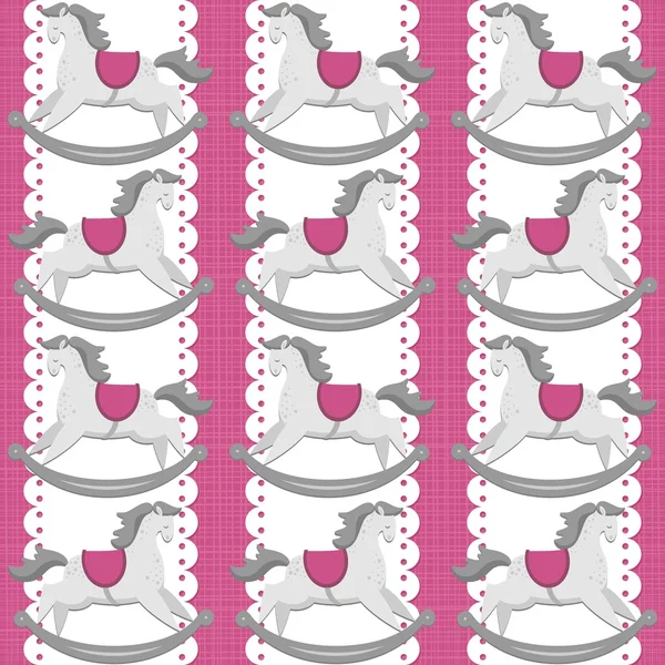 Toy animal rocking horse on white doily vertical ribbon pink baby girl room decorative seamless pattern on pink background