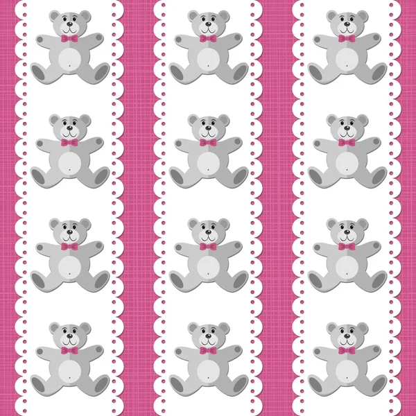 Toy animal elegant teddy bear on white doily vertical ribbon pink baby girl room decorative seamless pattern on pink background