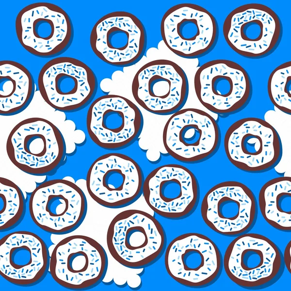 Sweet donuts with icing and blue sugar sprinkles messy food dessert seamless pattern on blue background