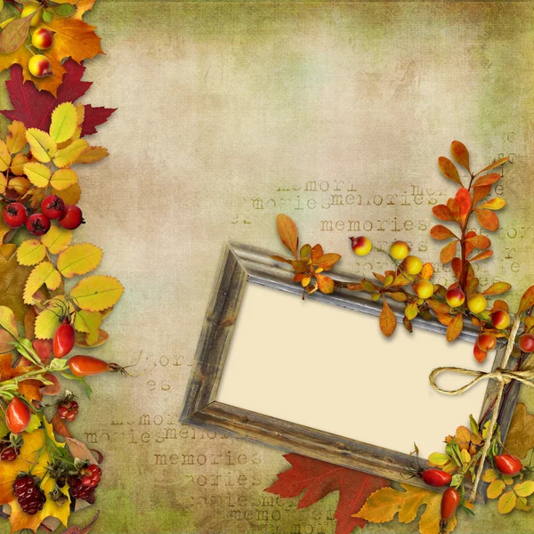 Wooden frame with autumn leaves and berries on a vintage background