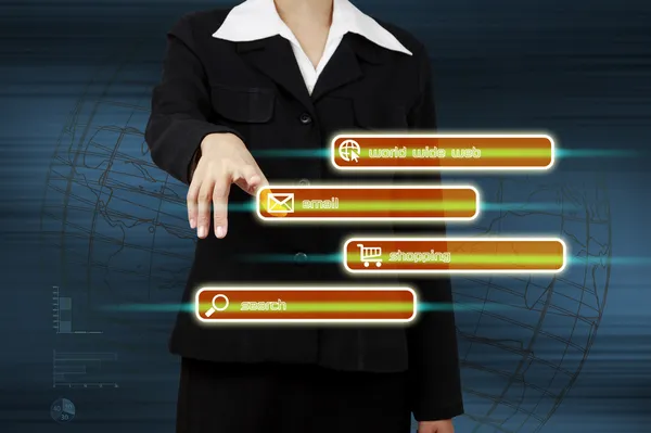 Woman hand push on technology virtual touch screen interface.