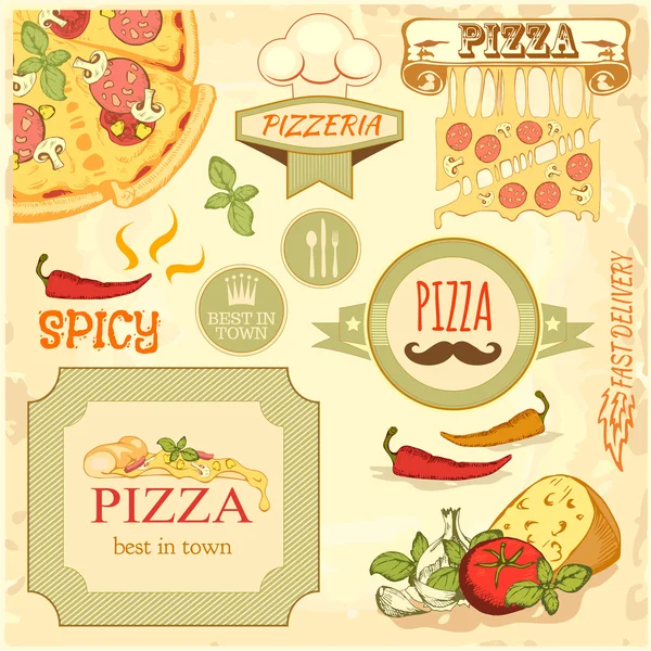 Pizza slice and ingredients background, box label packaging design