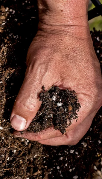Mans hand gripping soil