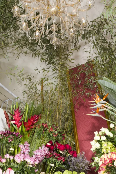 Interior of exotic flower shop with precious crystal chandelier