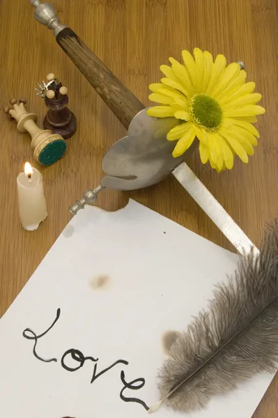 Ancient sword, a candle, a yellow flower, two pieces of chess an