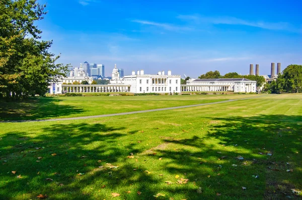 Greenwich Park, Maritime Museum and London skyline on background
