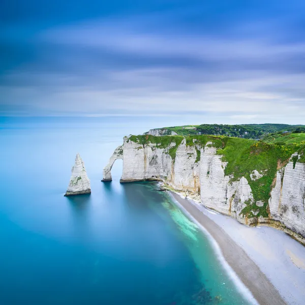 Etretat Aval cliff and rocks landmark and ocean . Normandy, France.