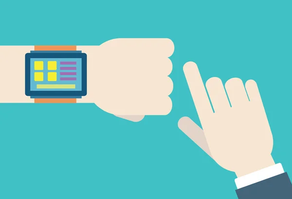 Vector flat illustration of hands with intellect watch. Modern technology of management and control