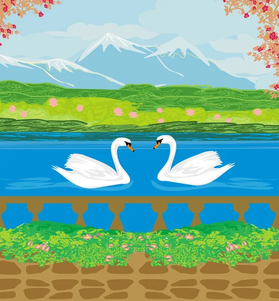 Vector landscape with mountains and swans on the lake