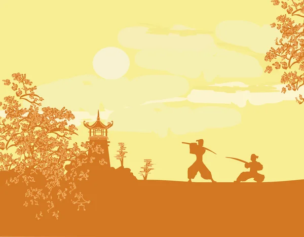 Fighting Samurai silhouette at sunset in Asian Landscape