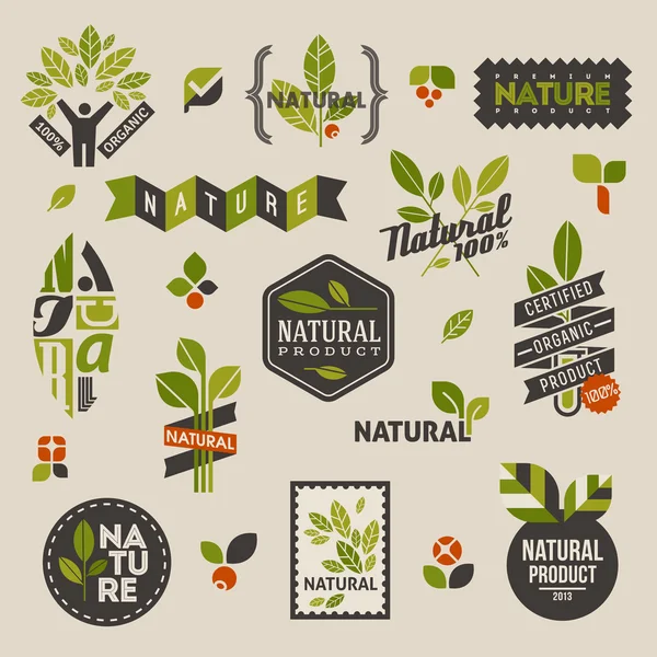 Nature labels and emblems with green leaves