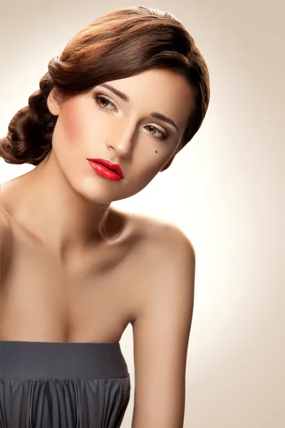 Red lip. Woman with nice makeup and red lipstick