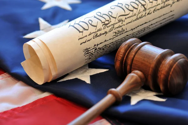 US Constitution, gavel, and flag