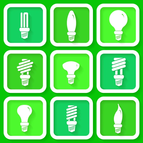 Set of 9 green icons of energy saving lamps