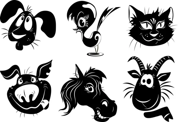 Silhouettes of animals - a dog, bird, cat, pig, horse, goat