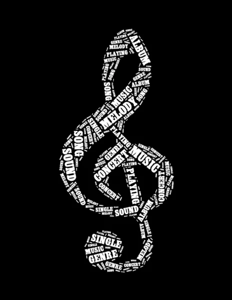 Music text collage Composed in the shape of treble clef