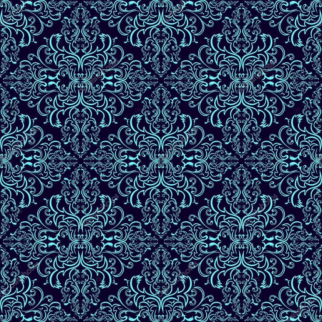 Damask seamless wallpaper: blue on dark blue. — Stock Vector