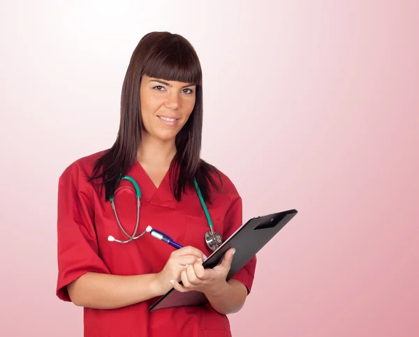 Happy doctor woman with clipboard