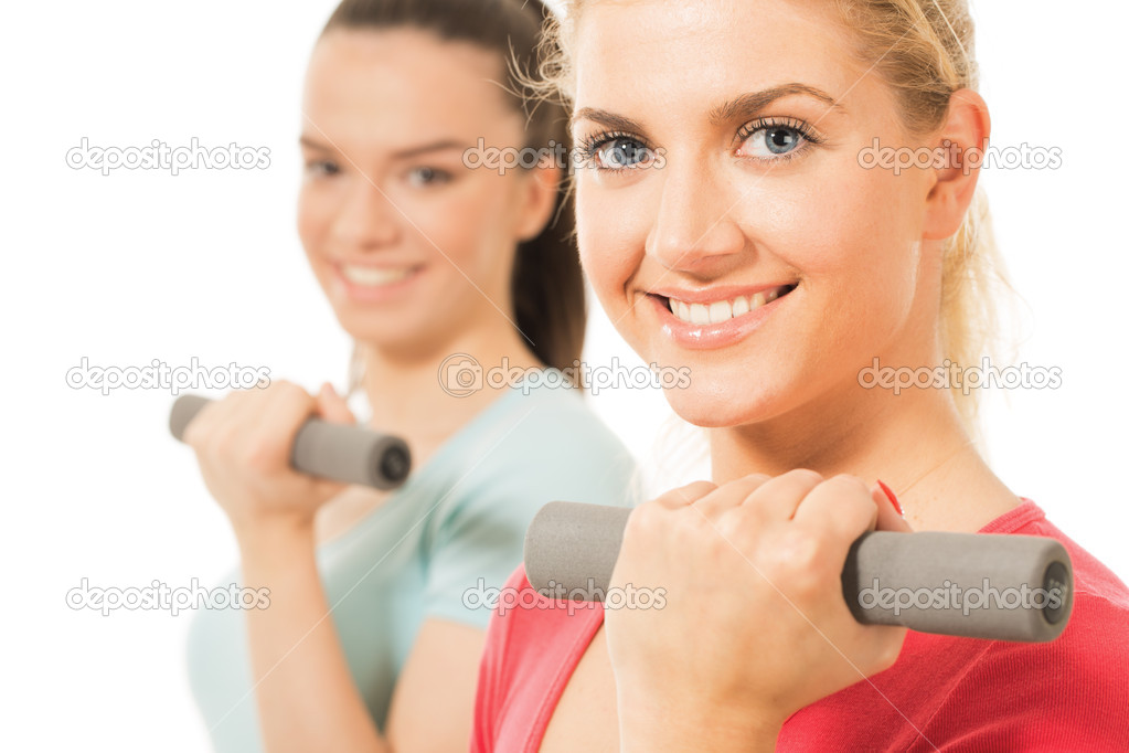 <b>Fitness Frauen</b> Ausarbeitung mit Hanteln, isoliert auf weiss — Foto von ... - depositphotos_49371135-Fitness-women-working-out-with-dumbbells