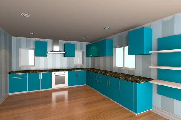 Kitchen room with blue wallpaper