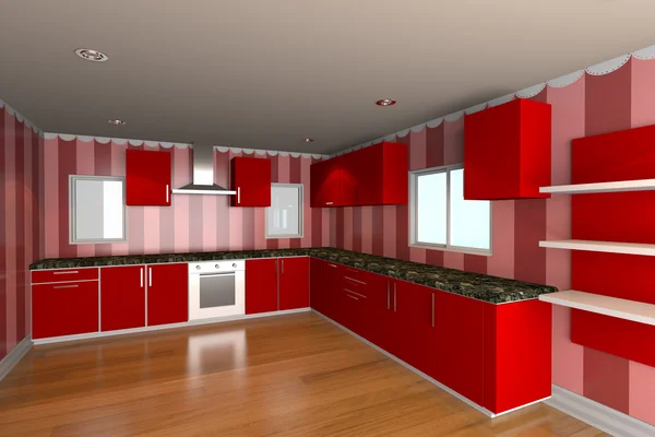 Kitchen room with red wallpaper