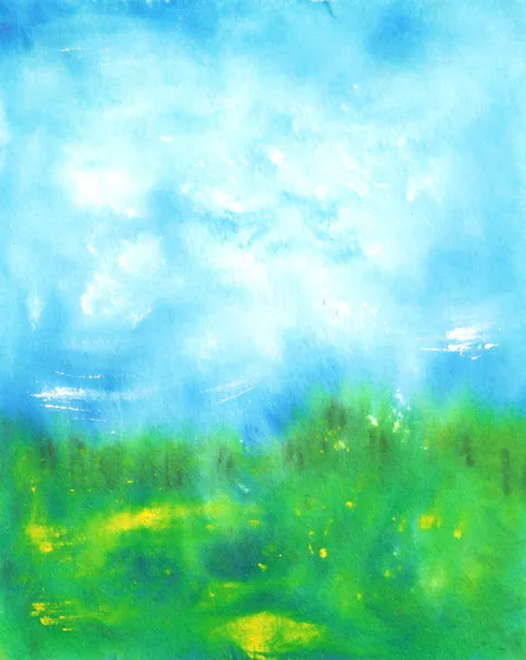 Abstract hand drawn watercolor background: summer landscape with blue sky,