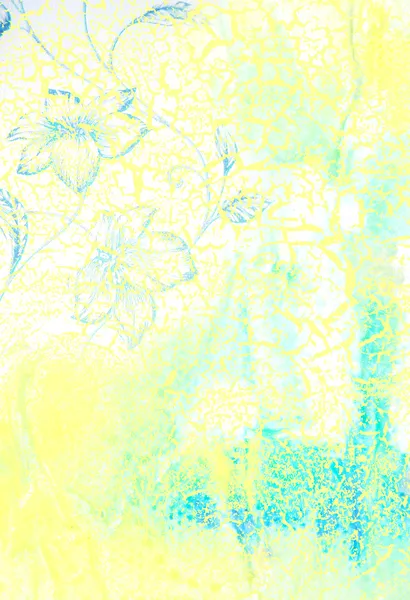 Abstract textured background: blue floral patterns on yellow backdrop