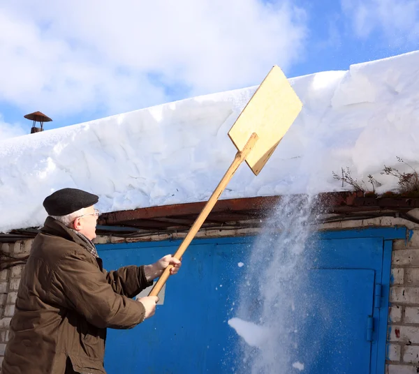 Man removing snow from a roof with a shovel
