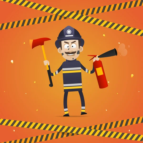 Fireman holds fire extinguisher and firefighter ax