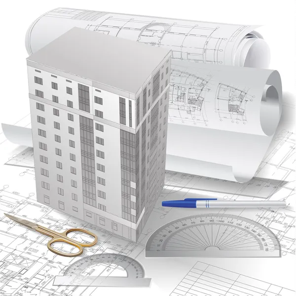 Architectural background with a 3D building model.