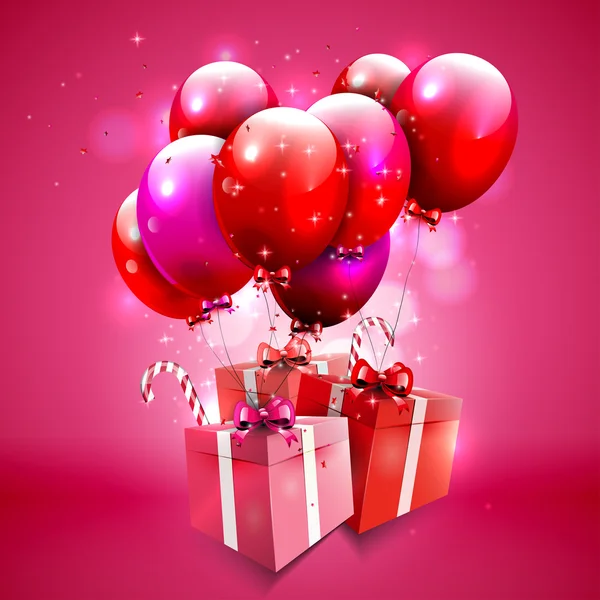 Pink background with balloons and gifts