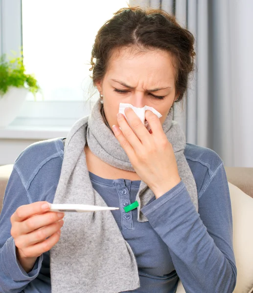 Sick Woman with Thermometer. Flu. Woman Caught Cold