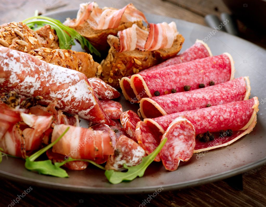Sausage. Various Italian Ham, Salami and Bacon. Meat Food — Stock Photo