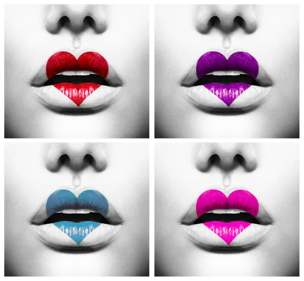 Collage of Beauty Sexy Lips with Colorful Heart Shape paint