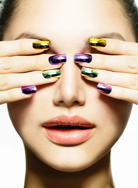 Manicure and Make-up. Nail art. Beauty Woman With Colorful Nails