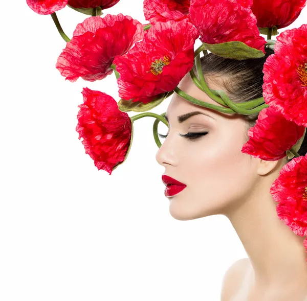 Beauty Fashion Model Woman with Red Poppy Flowers in her Hair