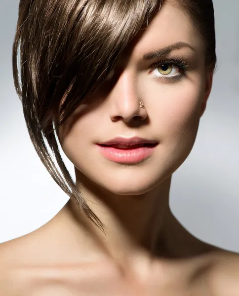 Stylish Fringe. Teenage Girl with Short Hair Style