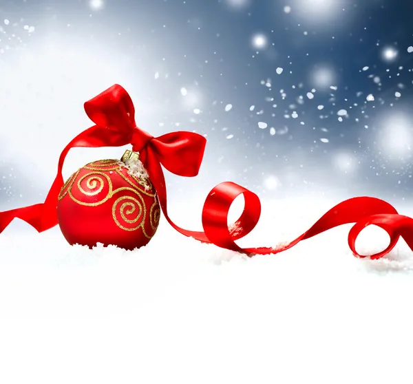 Christmas Holiday Background with Red Bauble, Ribbon, Snow and S