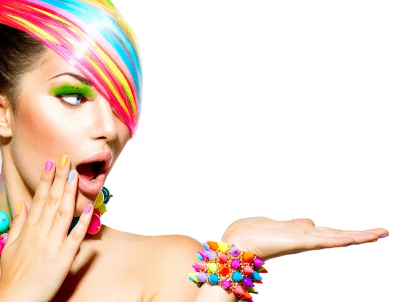 Beauty Woman with Colorful Makeup, Hair, Nails and Accessories