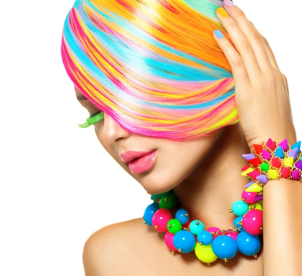 Beauty Girl Portrait with Colorful Makeup, Hair and Accessories