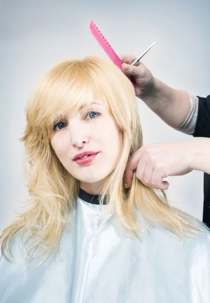 Hairdresser cuts blond long hair